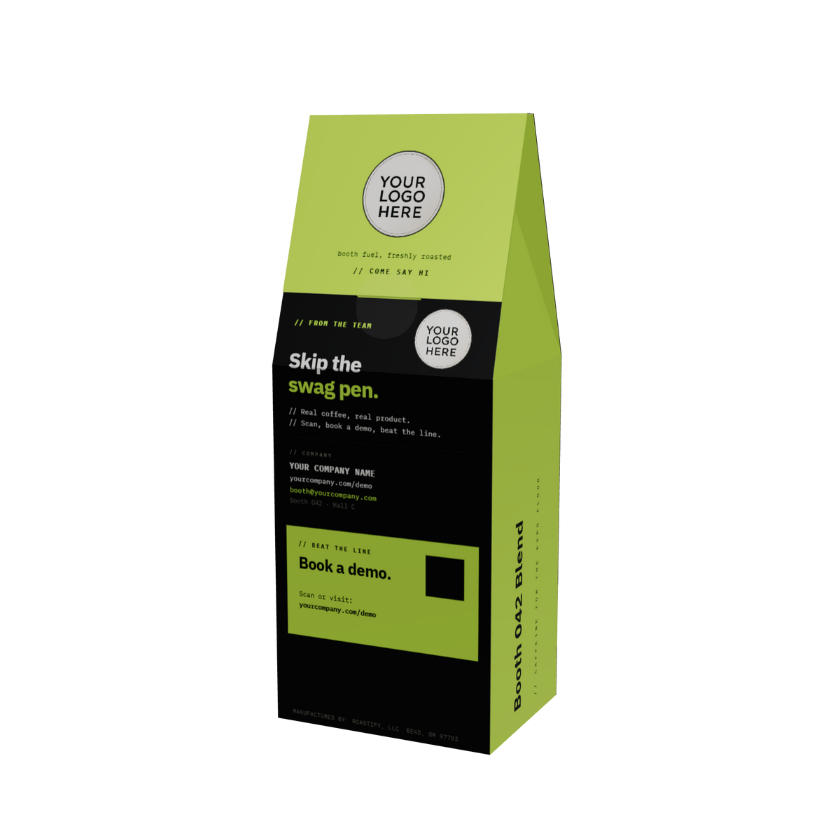 Booth Fuel packaging mockup with placeholder event branding