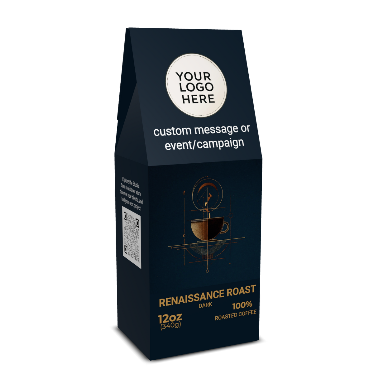 Custom coffee packaging mockup with a placeholder logo and message