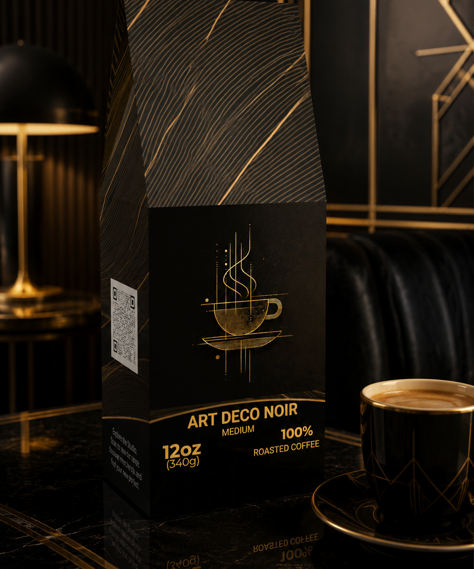 A 12oz bag of Art Deco Noir Medium Roasted Coffee sits on a polished black marble table next to a matching black coffee cup and saucer, set against a luxurious dark background with gold accents.