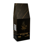 Black coffee bag with gold design and text on a white background