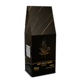 Black coffee bag with gold design and text on a white background