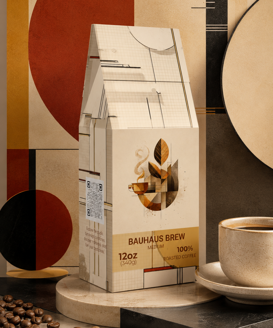 A 12 oz package of Bauhaus Brew coffee stands on a round pedestal, styled with scattered coffee beans and a cup of coffee on a saucer against an abstract geometric background.