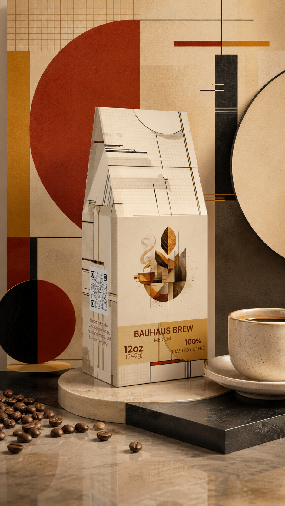 A 12 oz package of Bauhaus Brew coffee stands on a round pedestal, styled with scattered coffee beans and a cup of coffee on a saucer against an abstract geometric background.