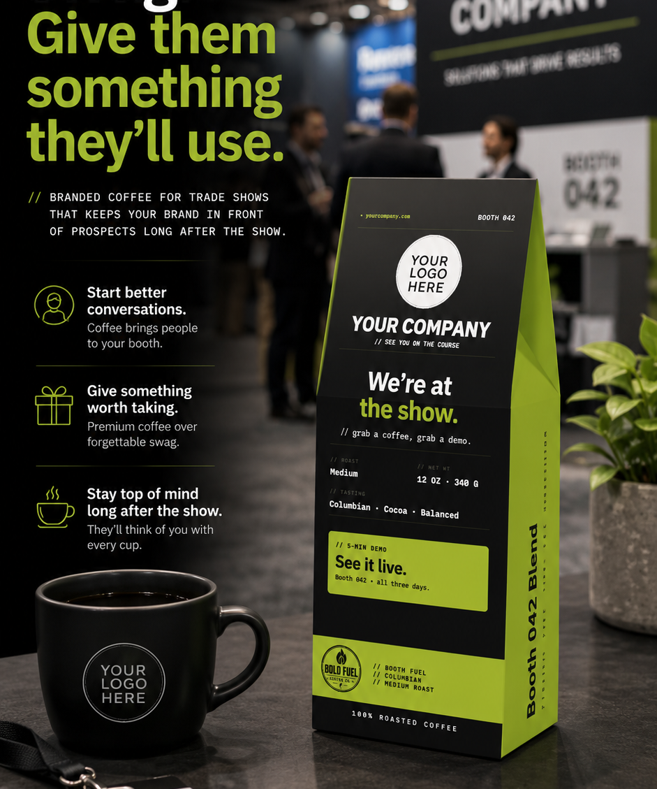 A promotional graphic for a coffee bag at an exhibition booth. The main subject is a black and lime green bag labeled 'Booth 042' and 'Your Company'.