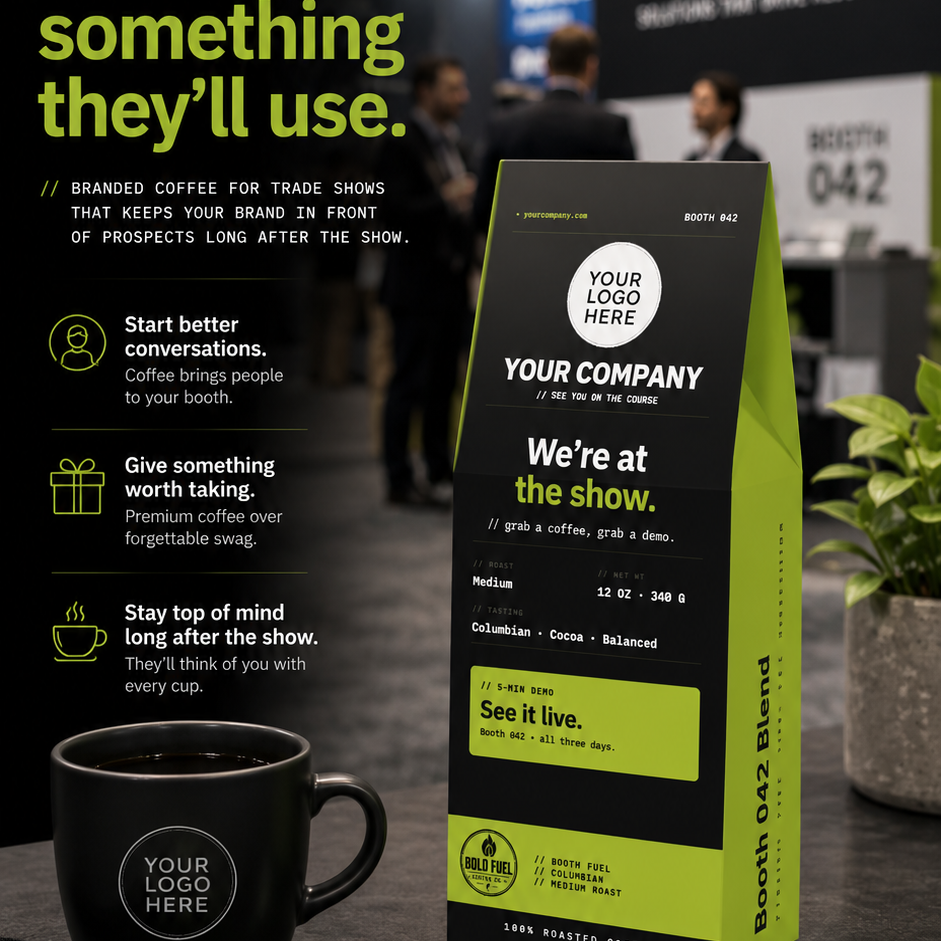 A promotional graphic for a coffee bag at an exhibition booth. The main subject is a black and lime green bag labeled 'Booth 042' and 'Your Company'.