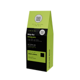A custom printed paperboard coffee bag mockup with lime green and black panels, featuring placeholder text and logo areas, shown on a plain white background.