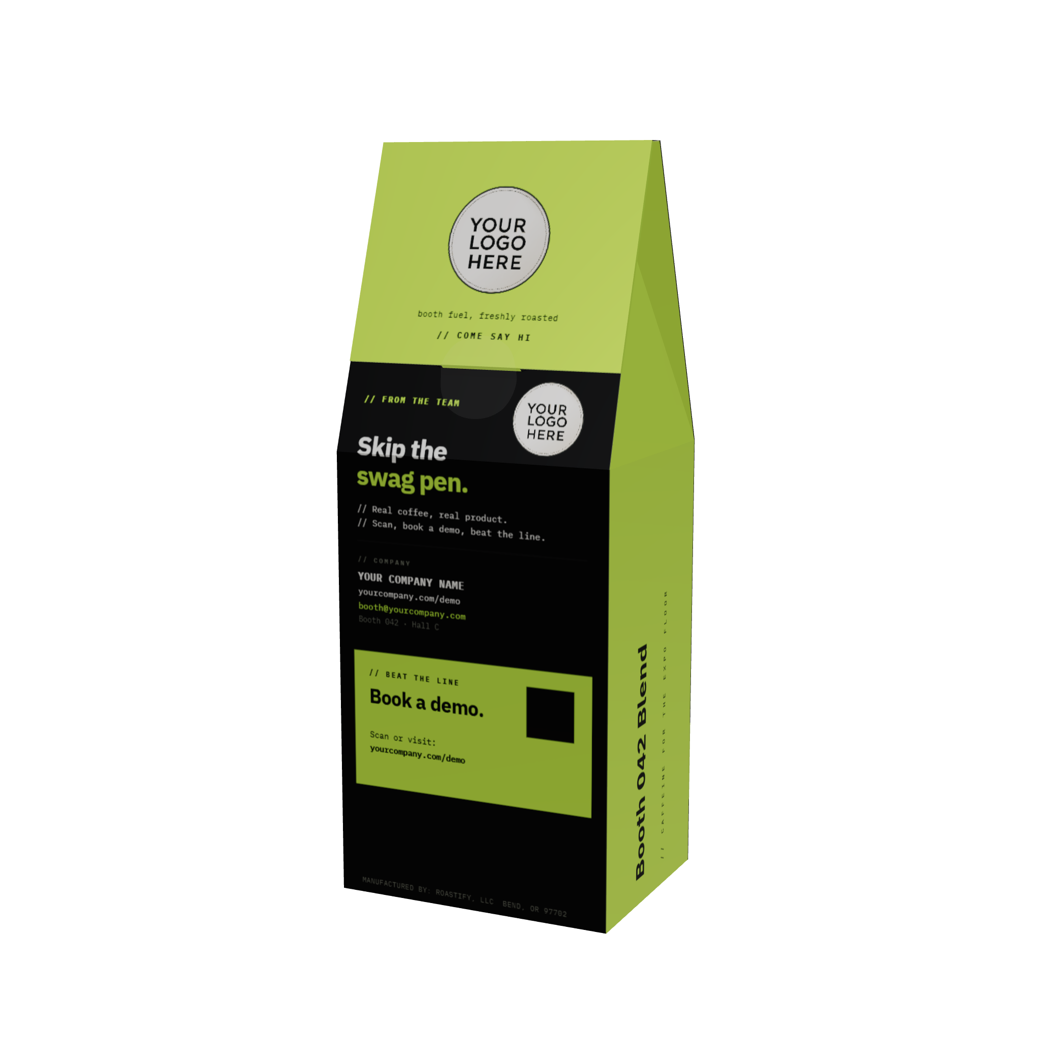 A custom printed paperboard coffee bag mockup with lime green and black panels, featuring placeholder text and logo areas, shown on a plain white background.