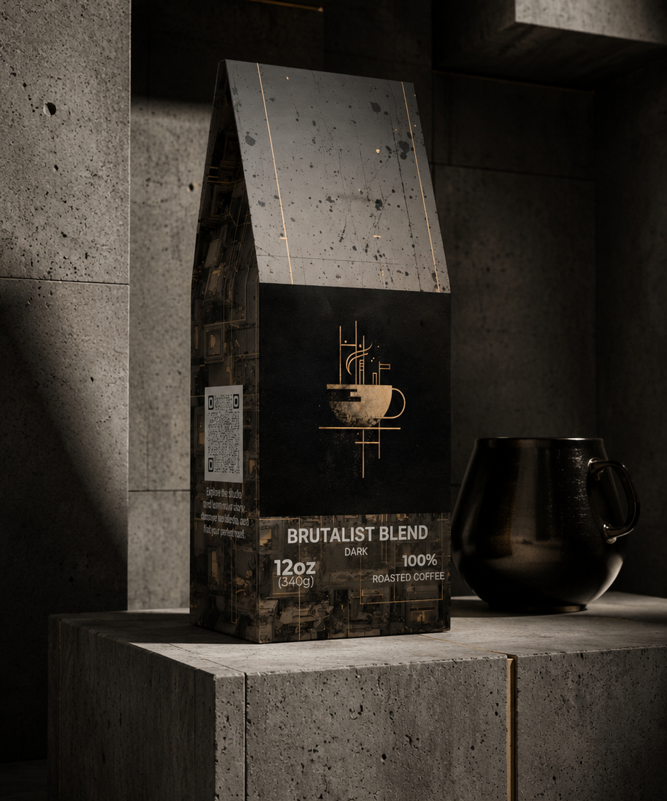 A bag of Brutalist Blend coffee sits on a concrete pedestal in a dark, minimalist industrial setting, with a black ceramic pot beside it.