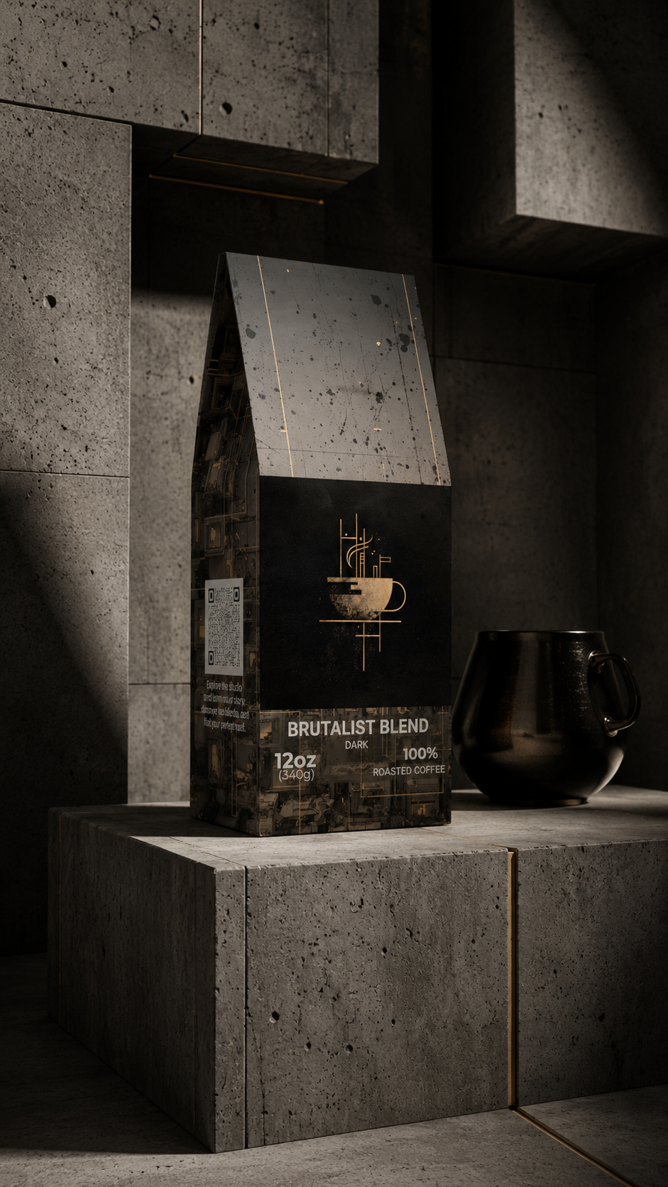 A bag of Brutalist Blend coffee sits on a concrete pedestal in a dark, minimalist industrial setting, with a black ceramic pot beside it.