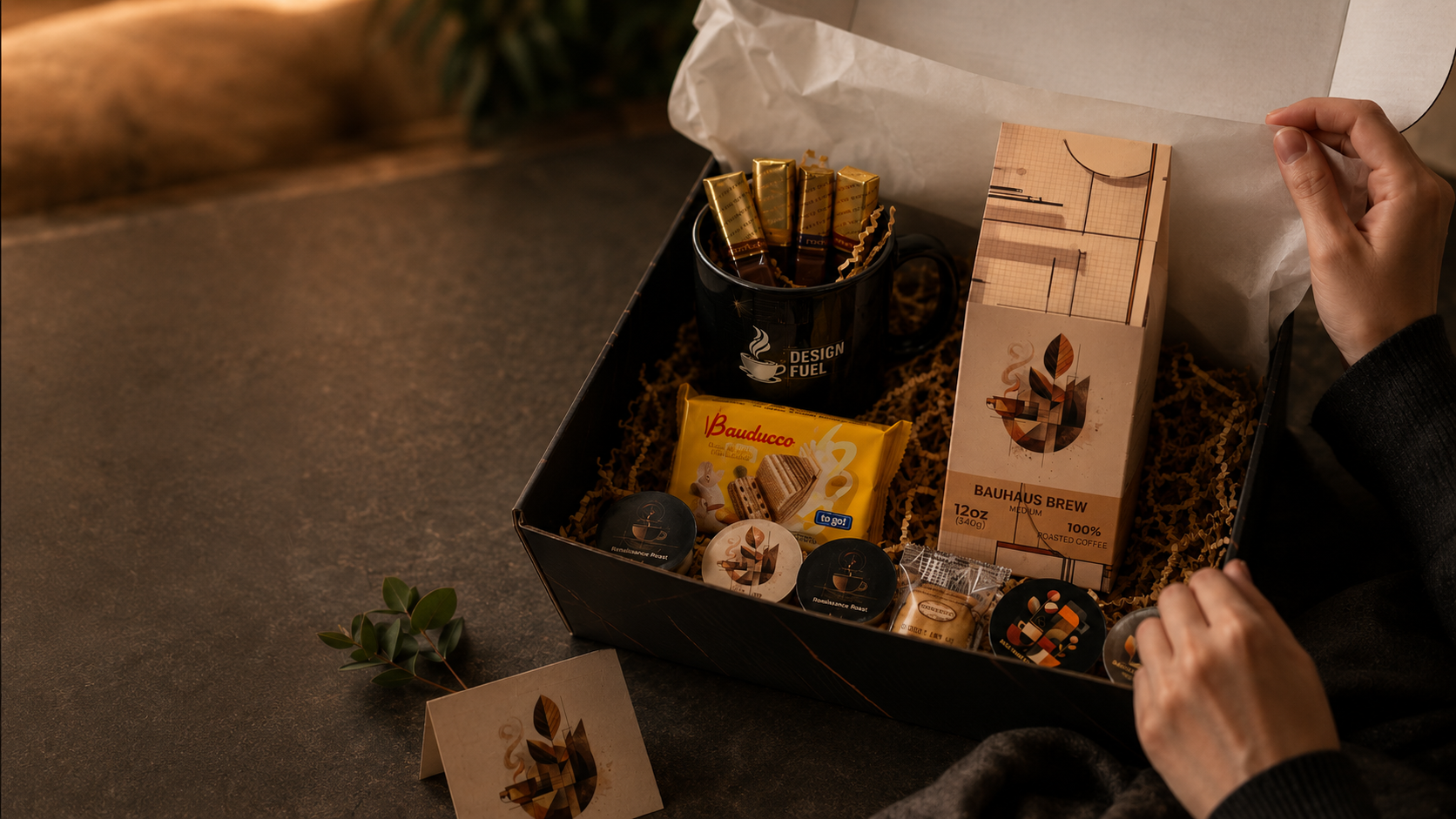 An open gift box filled with assorted packaged snacks and coffee items, photographed on a tabletop with a person's hands opening the lid. Visible products include a black cup with wrapped sticks, a yellow packet, round chocolate or candy pieces, and a tall beige box labeled 'MADAGASCAR BEWAF'.