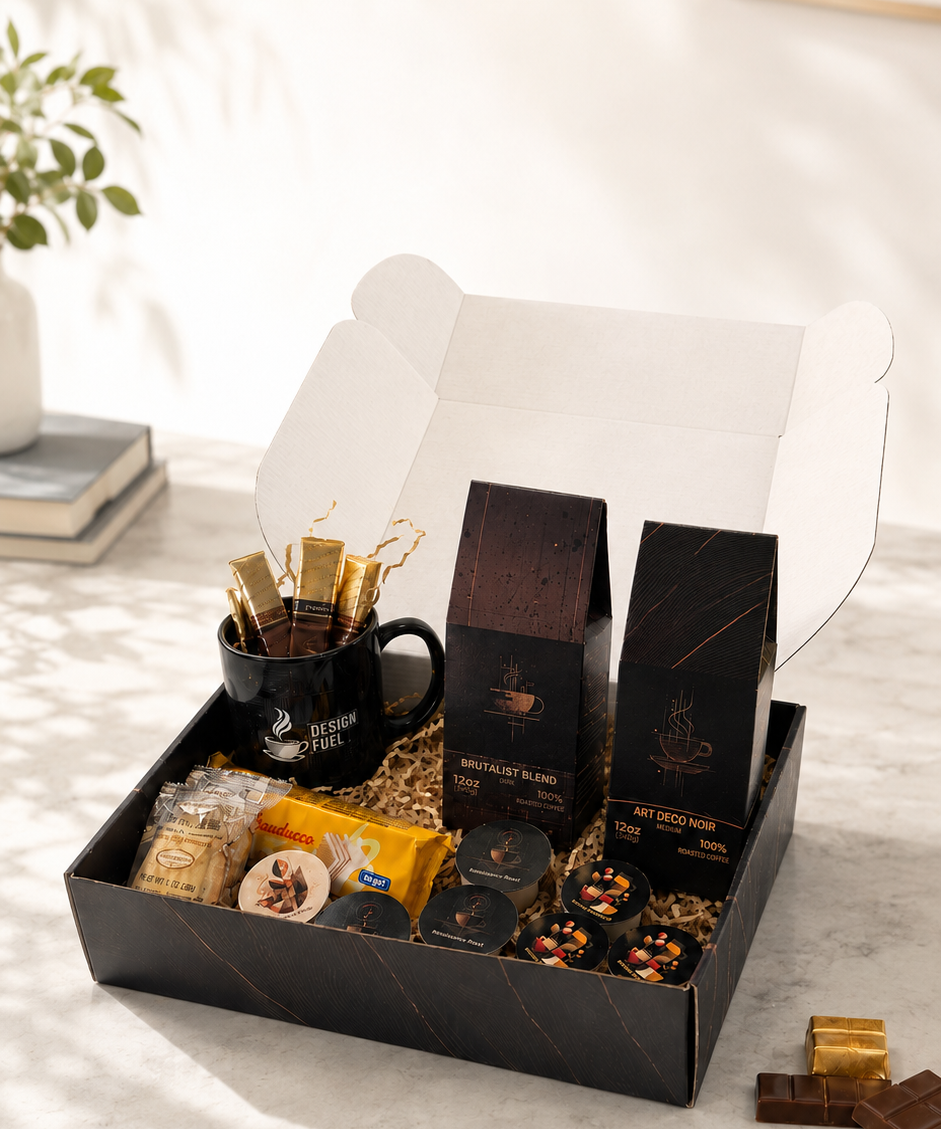 A gourmet gift box set displayed on a marble surface with a white background. The set includes a black coffee mug with gold-foiled straws, two tall black boxes of coffee, packaged snacks, and a few loose chocolates.