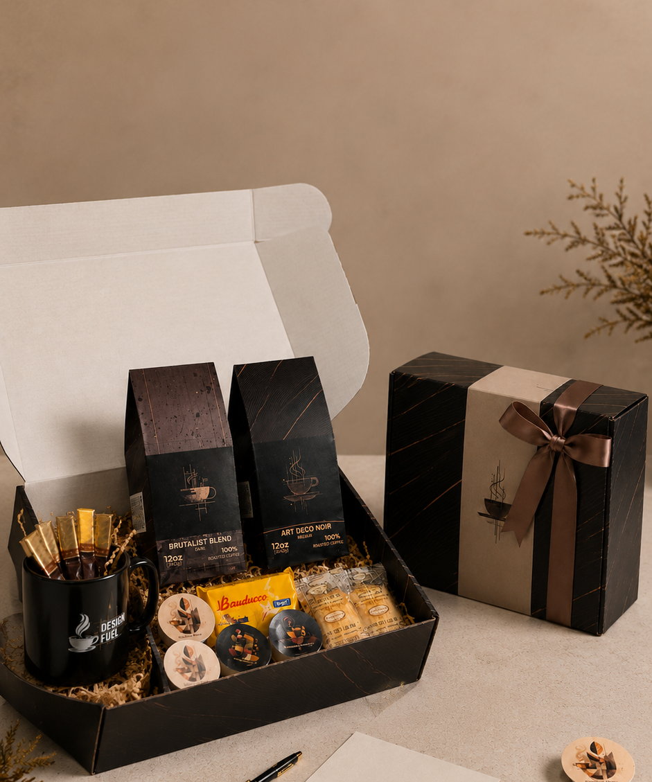 A coffee gift set displayed in an open black presentation box on a beige surface, alongside a closed matching gift box with a ribbon. The set includes packaged coffee bags, a small gold-toned cup, assorted snacks, and a branded card, arranged against a neutral beige background.