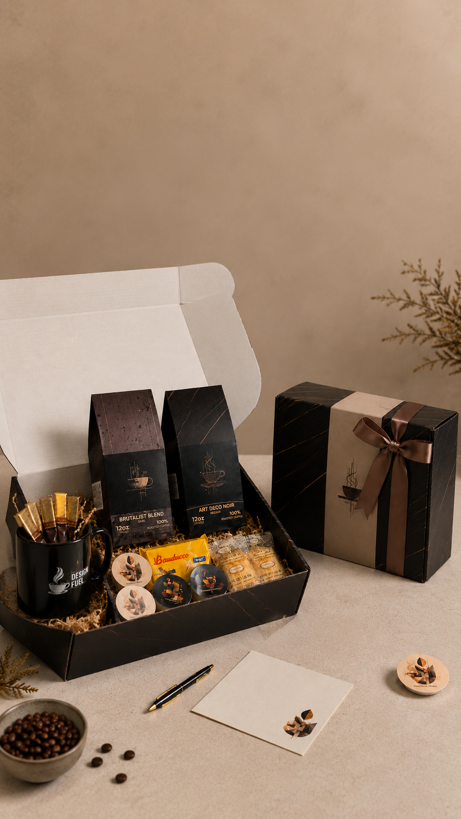A coffee gift set displayed in an open black presentation box on a beige surface, alongside a closed matching gift box with a ribbon. The set includes packaged coffee bags, a small gold-toned cup, assorted snacks, and a branded card, arranged against a neutral beige background.