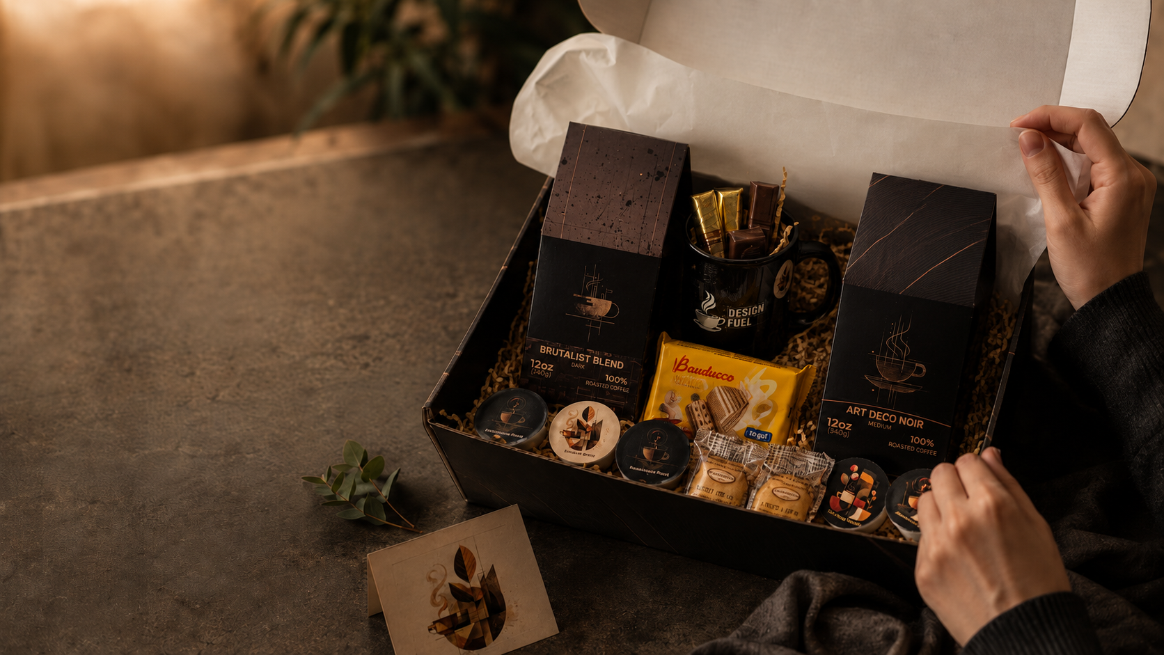 A curated coffee gift box set displayed open on a dark tabletop, with a person's hands lifting the white tissue lid. The box contains black coffee gift boxes, small packaged coffee accessories, and a yellow bag of coffee beans, arranged in brown filler.