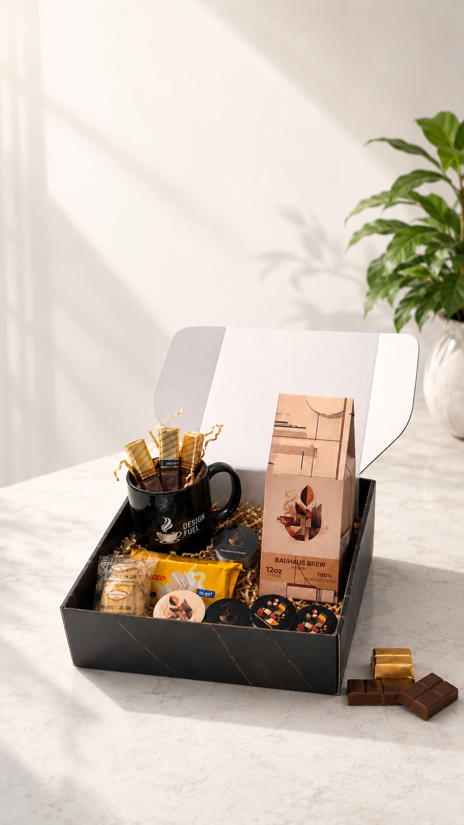 A gourmet gift box filled with assorted chocolates, a black coffee mug with gold-wrapped sticks, and packaged snacks, displayed on a light marble surface with a green plant in the background.