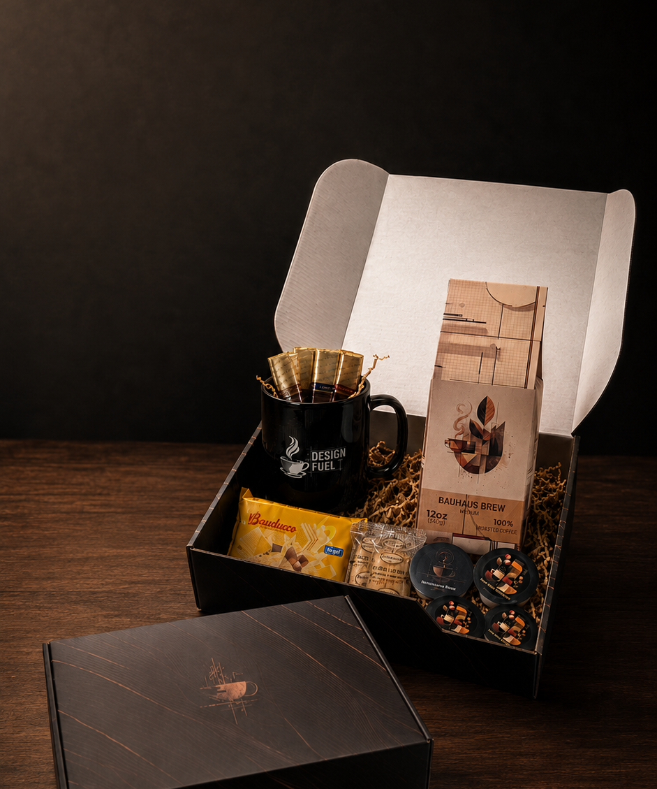 A curated gift box set displayed on a dark wooden table against a black background. The set includes a black coffee mug with a gold filter, a box of coffee beans, a small yellow packet, and a round tin, alongside a black presentation box lid in the foreground.