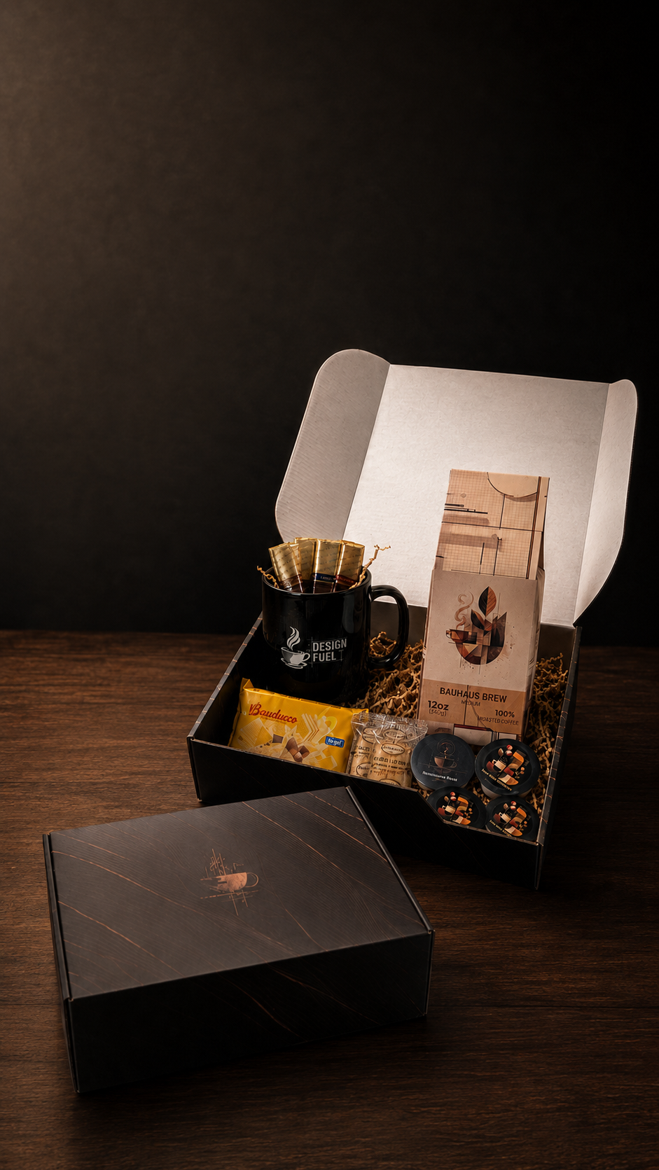 A curated gift box set displayed on a dark wooden table against a black background. The set includes a black coffee mug with a gold filter, a box of coffee beans, a small yellow packet, and a round tin, alongside a black presentation box lid in the foreground.