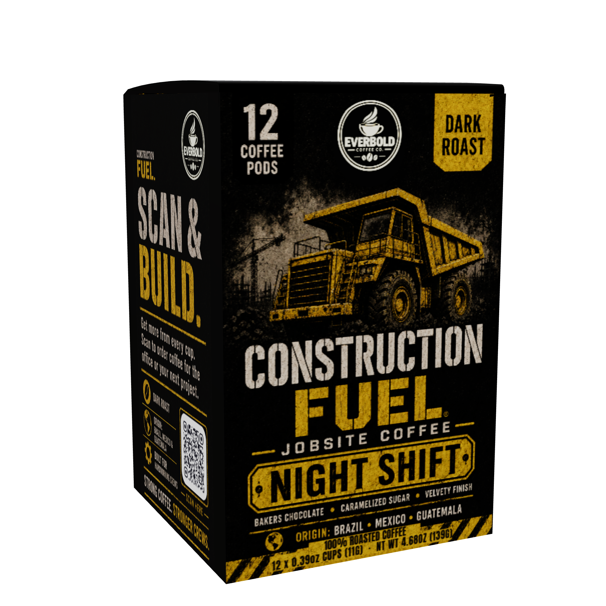 A box of Everbuild Construction Fuel Night Shift coffee pods, featuring a black and yellow design with an illustration of a dump truck.