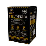 Everbold Construction Fuel coffee box packaging, featuring a black and gold design with product details and flavor notes for 'Fuel the Crew'.