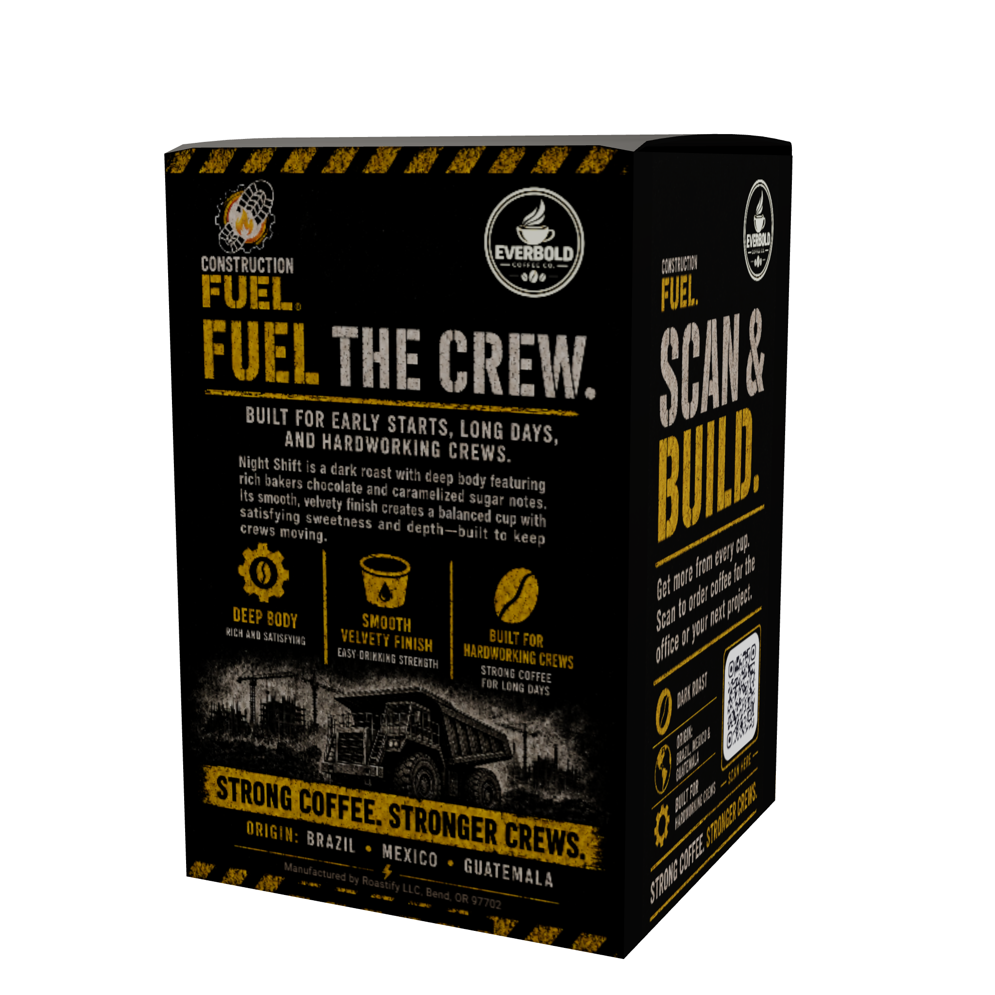 Everbold Construction Fuel coffee box packaging, featuring a black and gold design with product details and flavor notes for 'Fuel the Crew'.