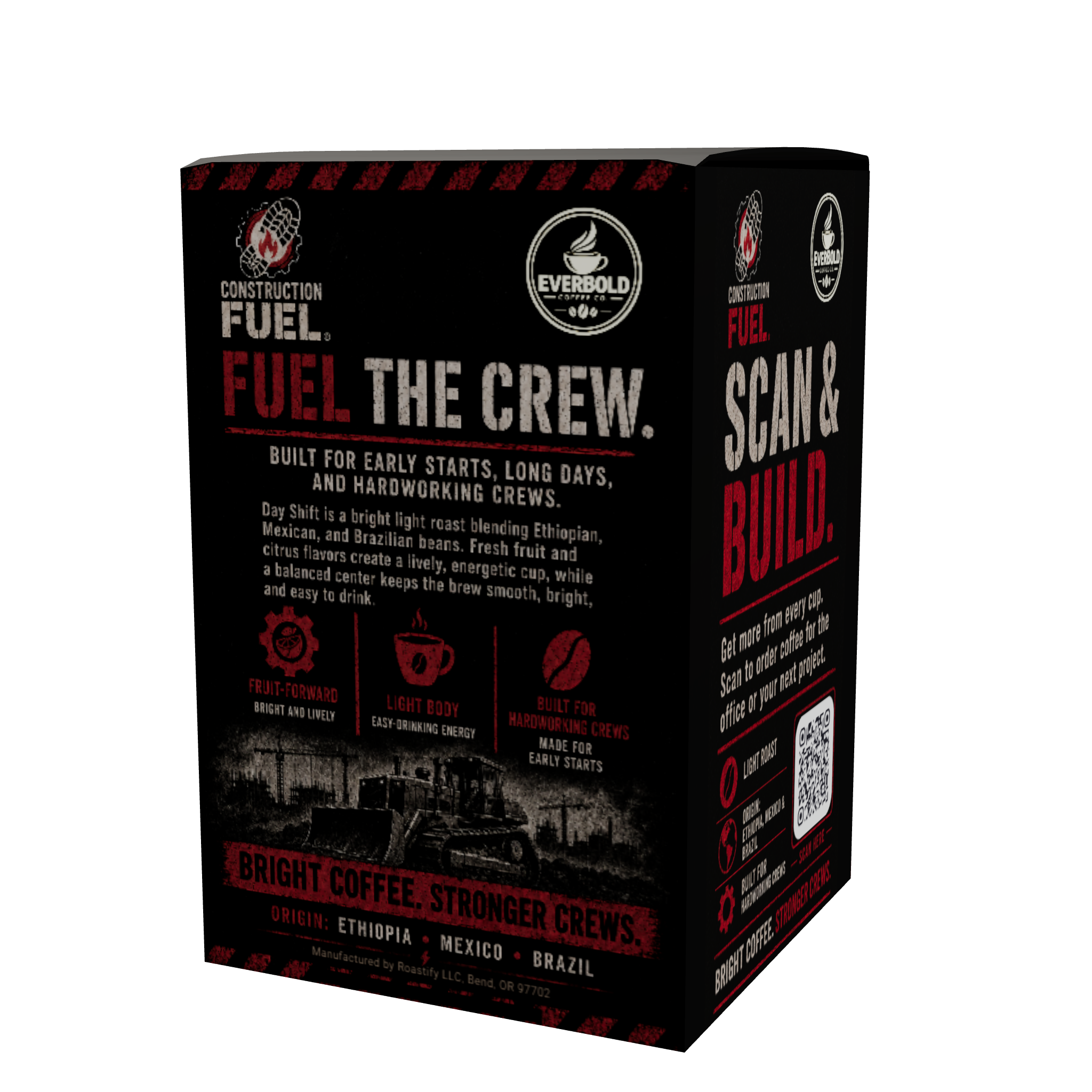 Everbold Construction Fuel coffee box packaging, featuring a black design with red and white text and graphics, shown at a three-quarter angle on a white background.