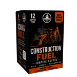 A box of Everbold Construction Fuel Jobsite Coffee, featuring a black and orange design with an illustration of an excavator. The packaging highlights '12 Coffee Pods' and 'Bold Medium Roast'.