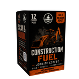 A box of Everbold Construction Fuel Jobsite Coffee, featuring a black and orange design with an illustration of an excavator. The packaging highlights '12 Coffee Pods' and 'Bold Medium Roast'.