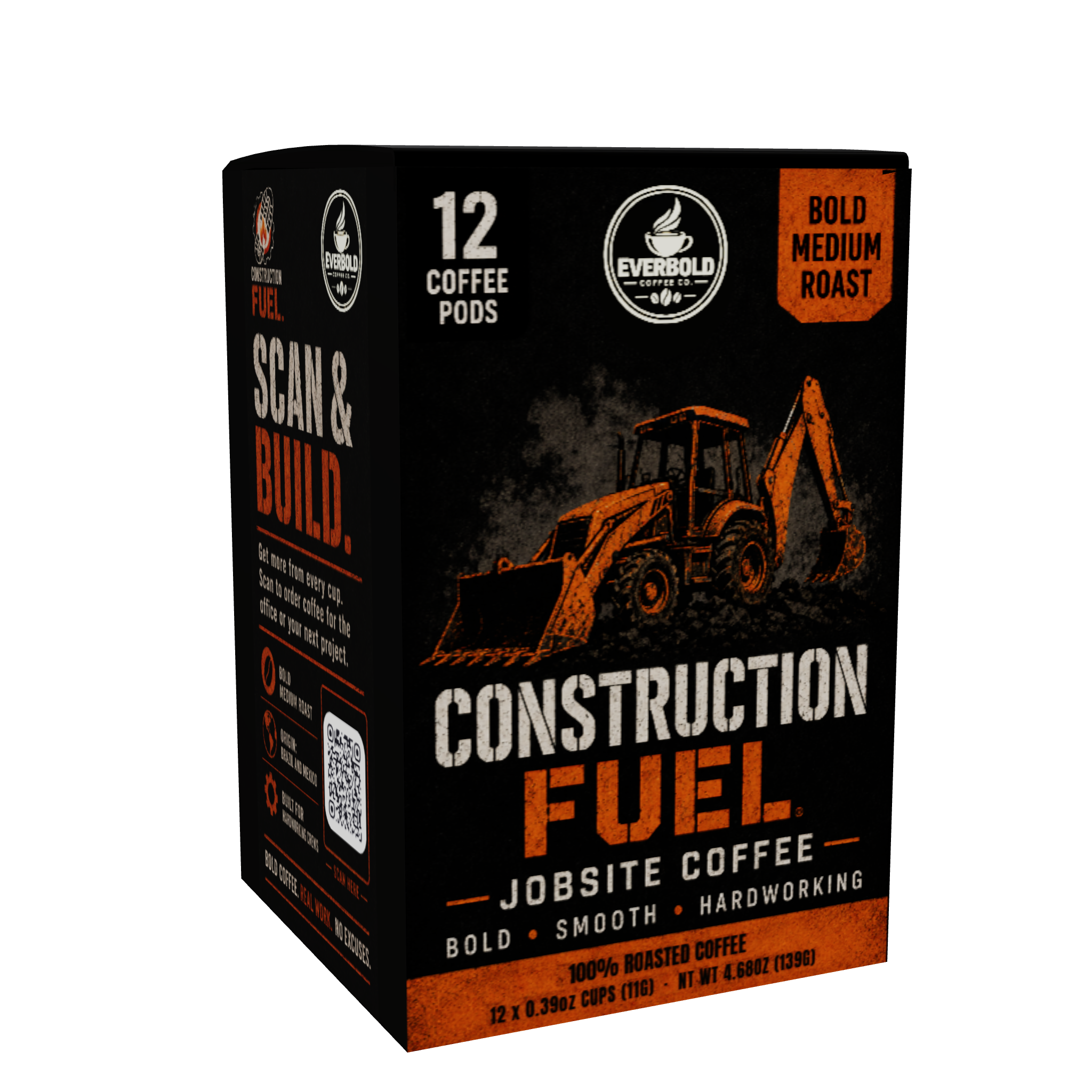 A box of Everbold Construction Fuel Jobsite Coffee, featuring a black and orange design with an illustration of an excavator. The packaging highlights '12 Coffee Pods' and 'Bold Medium Roast'.
