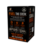 A black cardboard box of EverBloom Fuel the Crew coffee, featuring orange and white text and graphics on a clean white background.