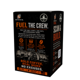 A black cardboard box of EverBloom Fuel the Crew coffee, featuring orange and white text and graphics on a clean white background.