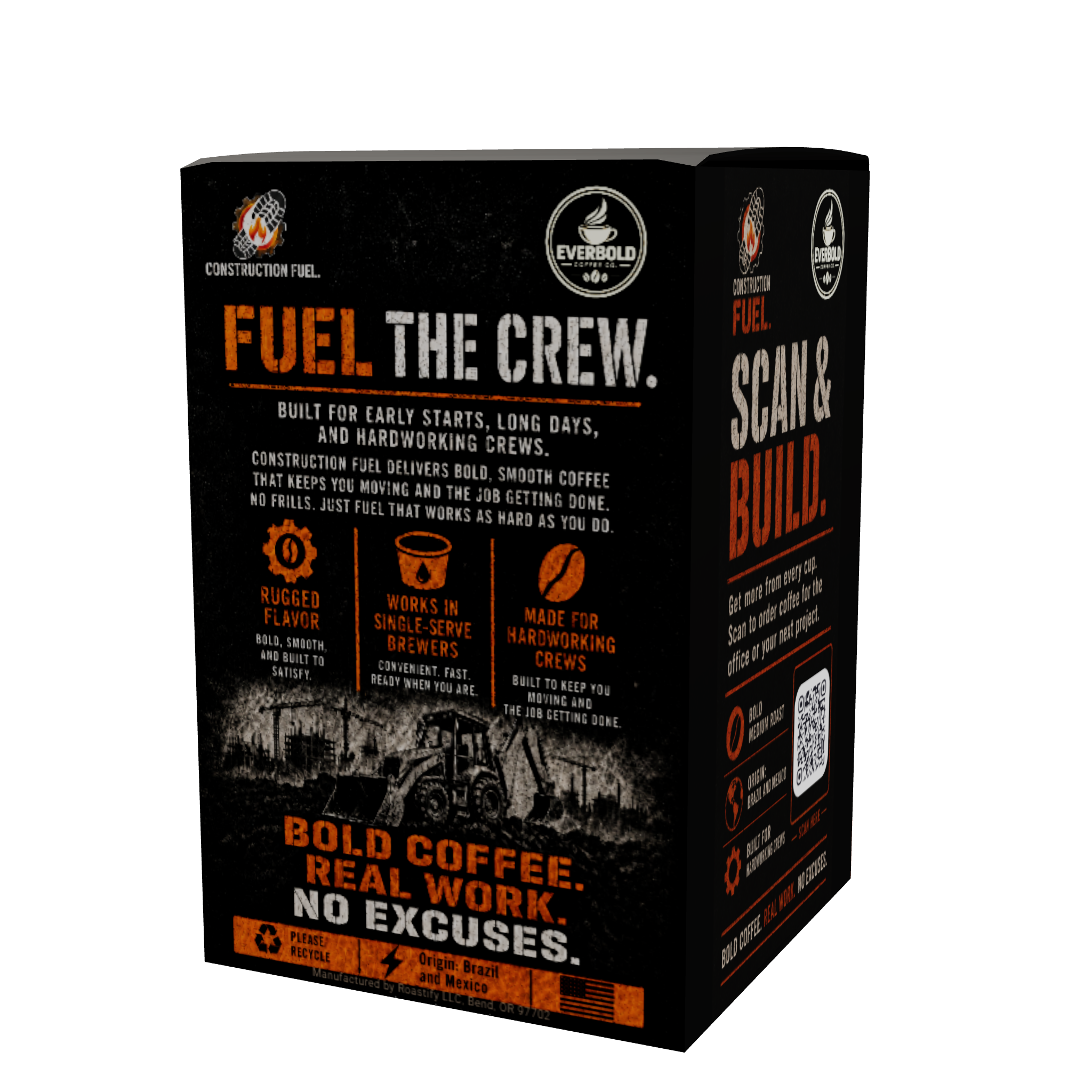 A black cardboard box of EverBloom Fuel the Crew coffee, featuring orange and white text and graphics on a clean white background.