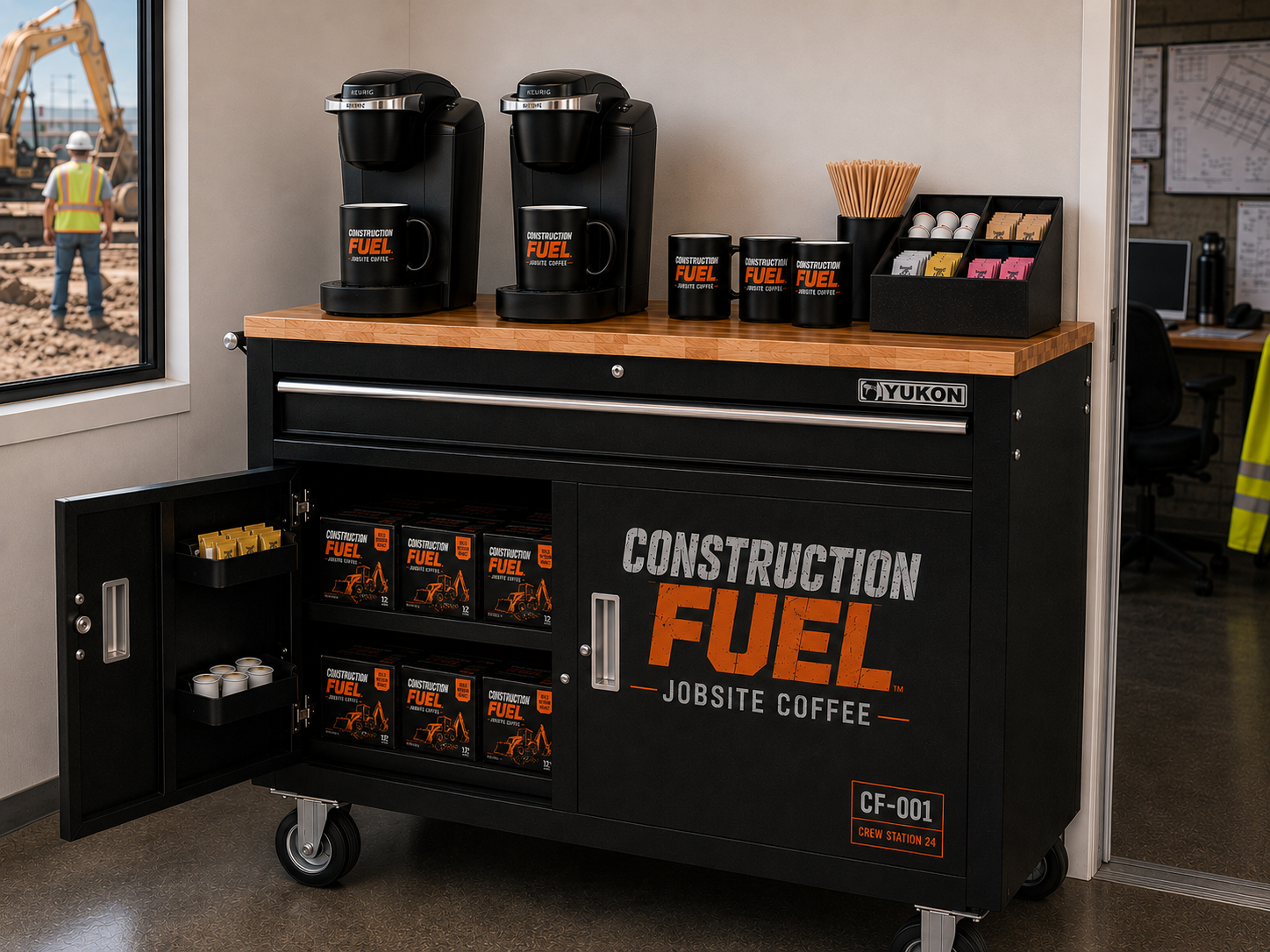 A black rolling utility coffee cart with a wood-look top, branded Construction Fuel, shown in an office setting with its door open to reveal stocked coffee bags. Two black coffee makers and matching mugs sit on the counter.
