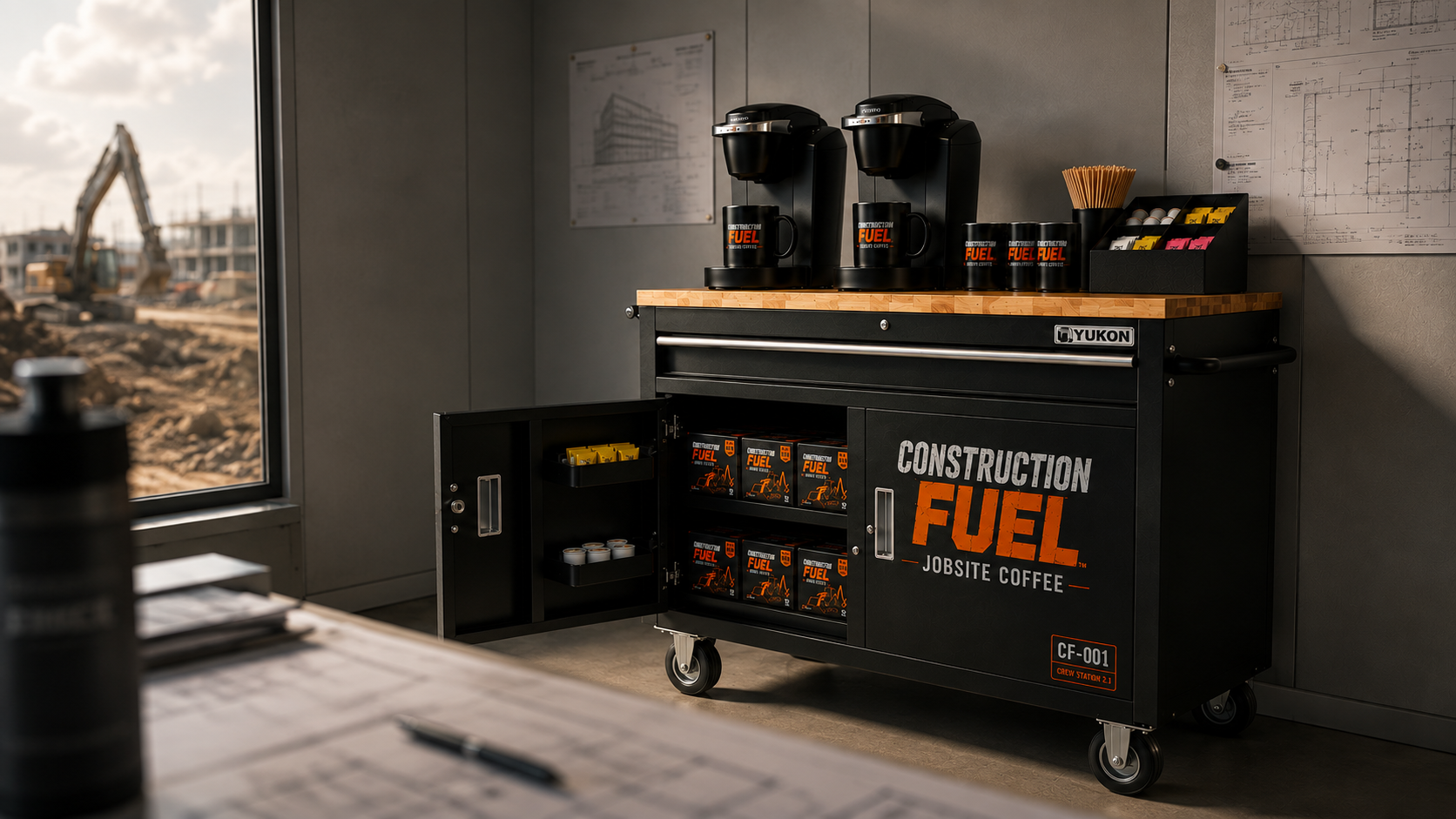 A black rolling coffee cart with a wood top in a construction office setting. The cart has 'CONSTRUCTION FUEL JOBSITE COFFEE' printed on the side, with an open door showing packaged coffee supplies inside.