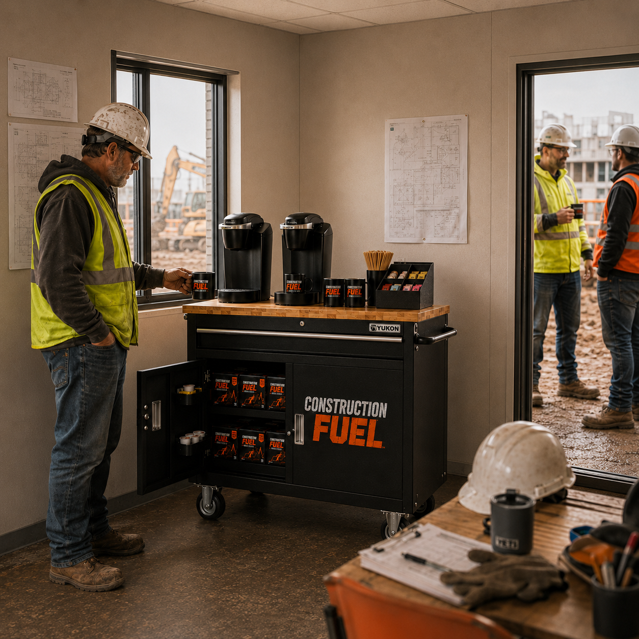 A construction worker in a high-visibility yellow vest and hard hat stands beside a black rolling tool cart labeled 'CONSTRUCTION FUEL' in an office-like room. The cart has coffee makers on top and shelves stocked with orange-and-black containers.