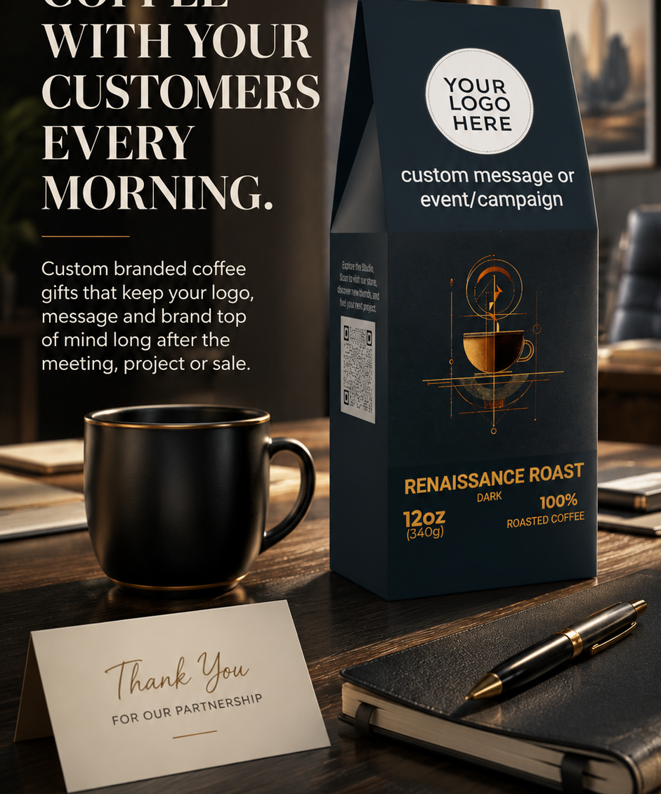 A branded coffee gift bag labeled 'Renaissance Roast' stands on a dark wooden table beside a black coffee mug, a thank-you card, a pen, and a notebook in a styled office setting. Large promotional text appears on the left, and the bag includes placeholder branding areas such as 'Your Logo Here' and 'Custom message or event/campaign'.