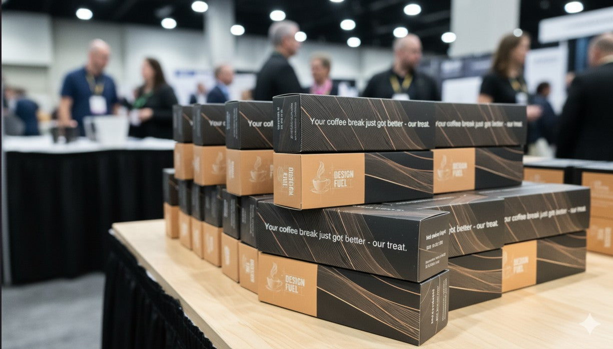 Stacked black and tan boxes of Kevrin Pro coffee break boxes on a wooden table at a busy trade show or convention, with blurred people and booths in the background.