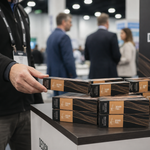 A person at a trade show holds a stack of Design Fuel coffee boxes on a display table. The boxes are black with tan and brown wood-grain style graphics and white text.