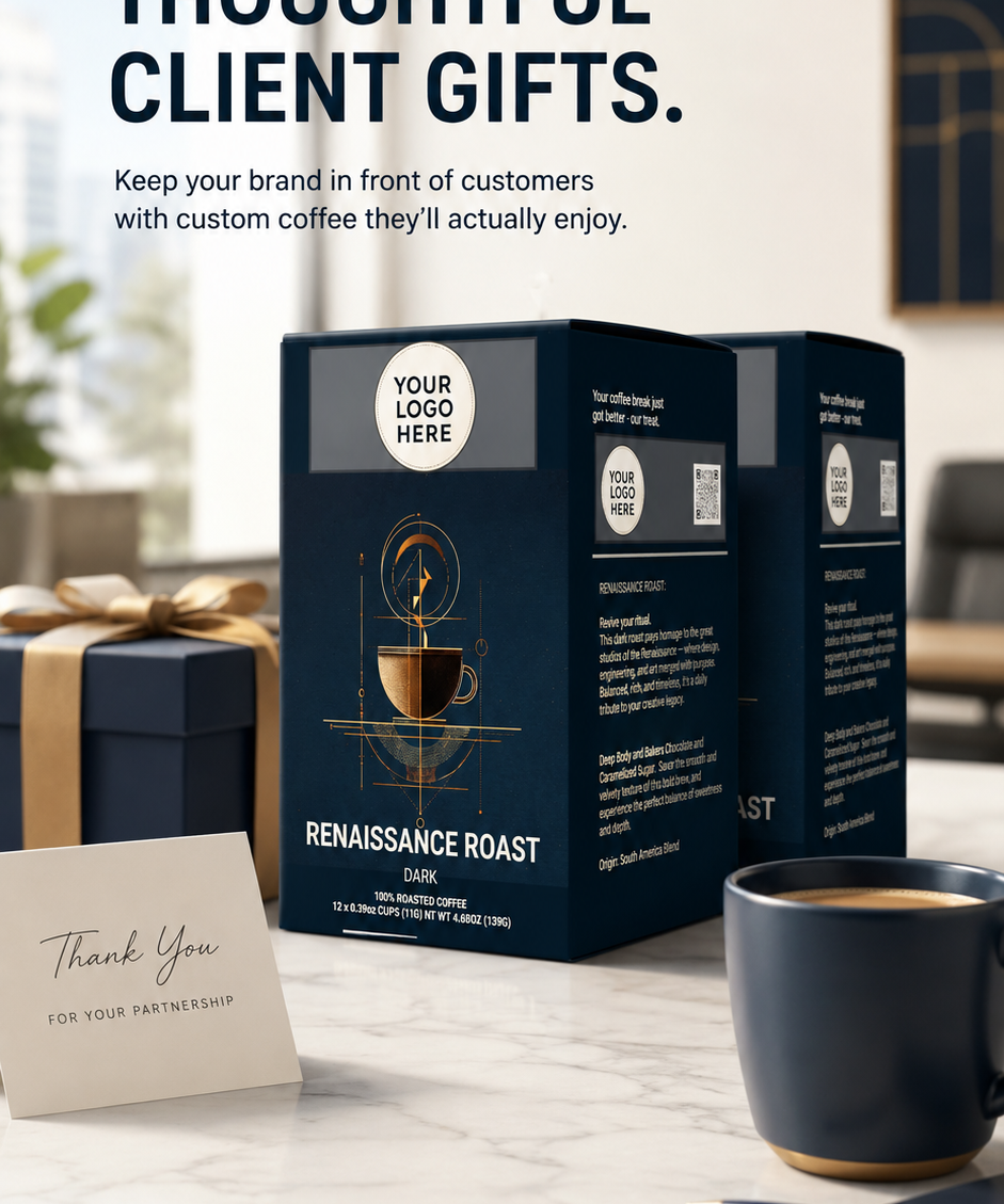 Customizable coffee gift box packaging set displayed on a marble tabletop alongside a coffee mug, a thank you card, and a wrapped gift box, with promotional text at the top.