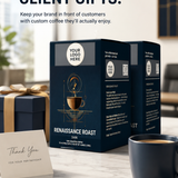 Customizable coffee gift box packaging set displayed on a marble tabletop alongside a coffee mug, a thank you card, and a wrapped gift box, with promotional text at the top.