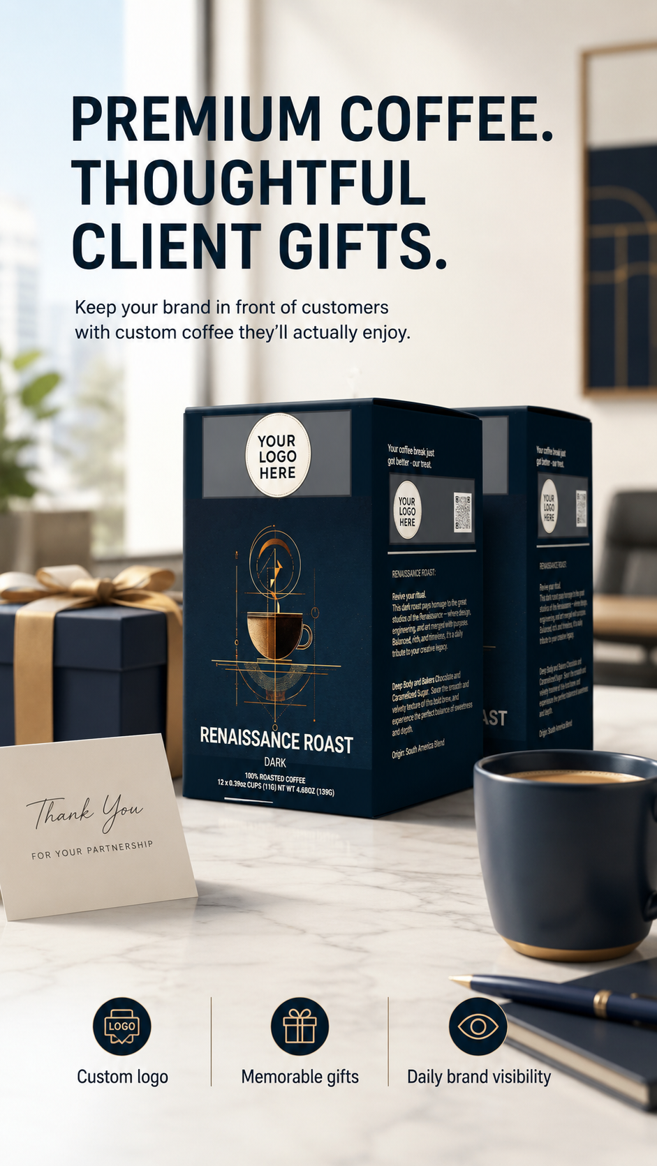Customizable coffee gift box packaging set displayed on a marble tabletop alongside a coffee mug, a thank you card, and a wrapped gift box, with promotional text at the top.