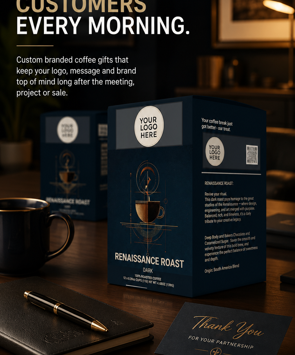 Custom branded coffee gift boxes shown on a dark wooden table in a cafe-like setting, with a coffee mug, notebook, and pen in the foreground. Large promotional text at the top reads, 'HAVE COFFEE WITH YOUR CUSTOMERS EVERY MORNING.