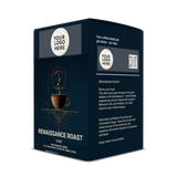 A dark navy coffee box labeled 'RENAISSANCE ROAST DARK' with placeholder branding and a small QR code, shown on a clean white background.