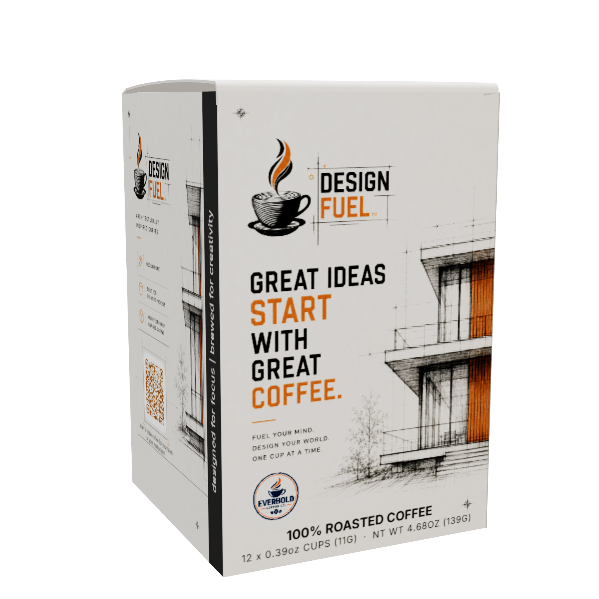 A box of Design Fuel 100% roasted coffee, featuring a white packaging design with black text, orange accents, and architectural line drawings.