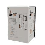 A tall, rectangular product box shown at a three-quarter angle on a plain white background. The box is predominantly white with black text and graphics, including the brand name 'DESIGN FUEL' and a coffee cup logo.