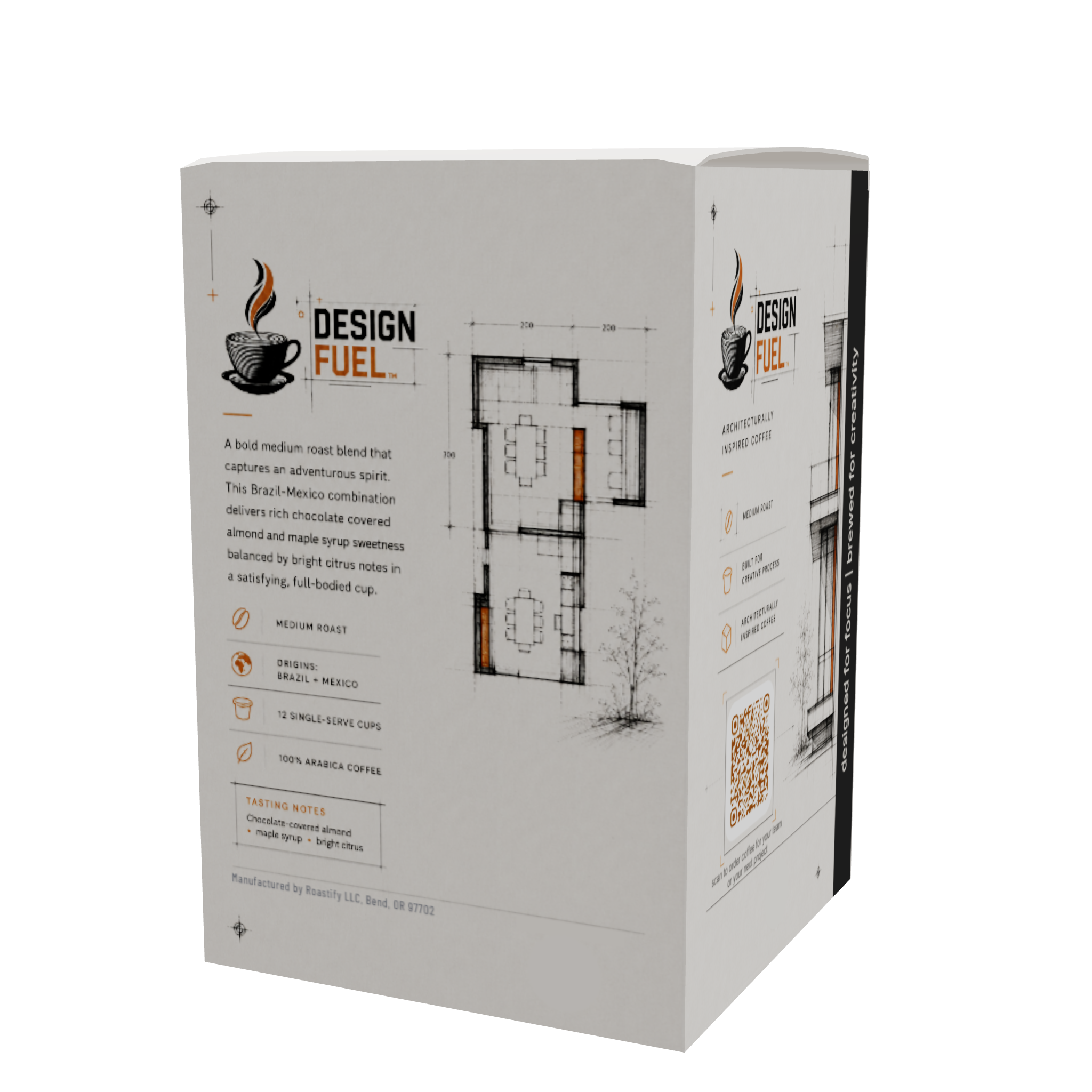 A tall, rectangular product box shown at a three-quarter angle on a plain white background. The box is predominantly white with black text and graphics, including the brand name 'DESIGN FUEL' and a coffee cup logo.