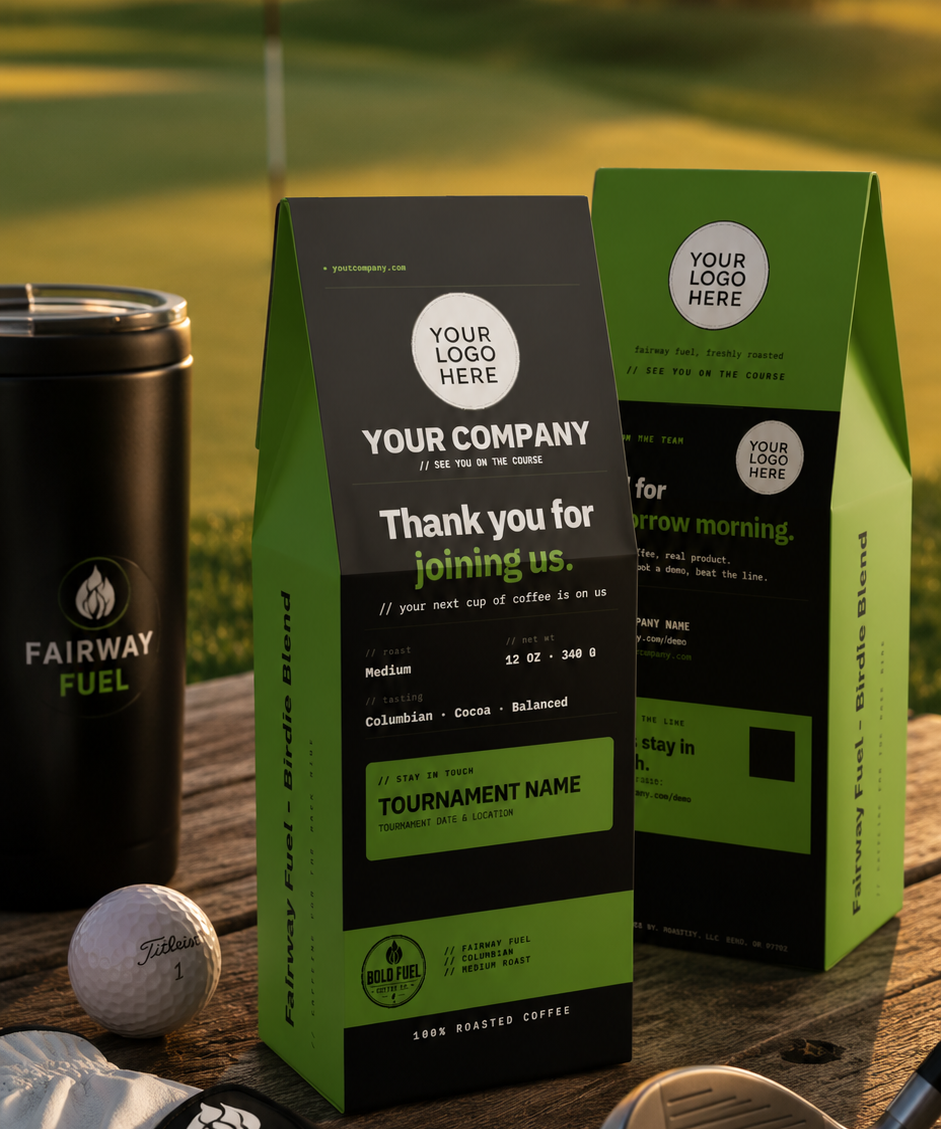 Custom golf-themed coffee packaging, including a black and lime green bag and a matching tumbler, displayed on a wooden table with golf accessories on a golf course background at sunset.