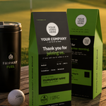 Custom golf-themed coffee packaging, including a black and lime green bag and a matching tumbler, displayed on a wooden table with golf accessories on a golf course background at sunset.
