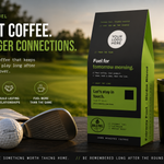 A branded coffee product display on a golf course setting, featuring a black and lime green Fairway Fuel coffee bag, a matching black tumbler with the Fairway Fuel logo, golf clubs, a golf ball, and a blurred golf course background.