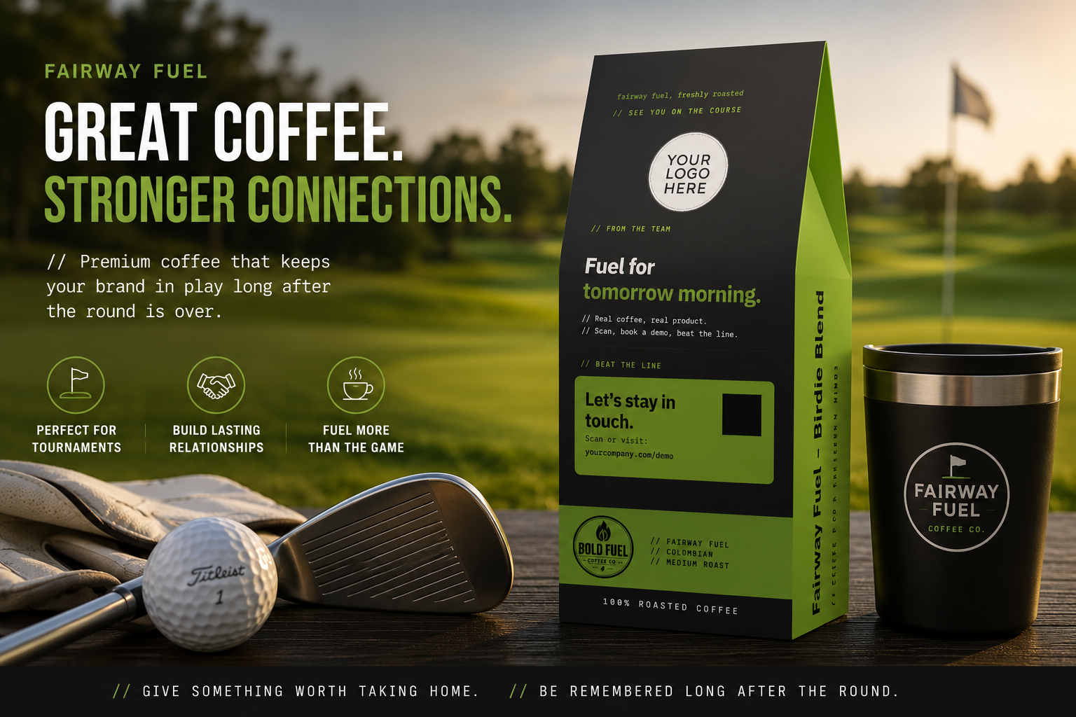 A branded coffee product display on a golf course setting, featuring a black and lime green Fairway Fuel coffee bag, a matching black tumbler with the Fairway Fuel logo, golf clubs, a golf ball, and a blurred golf course background.