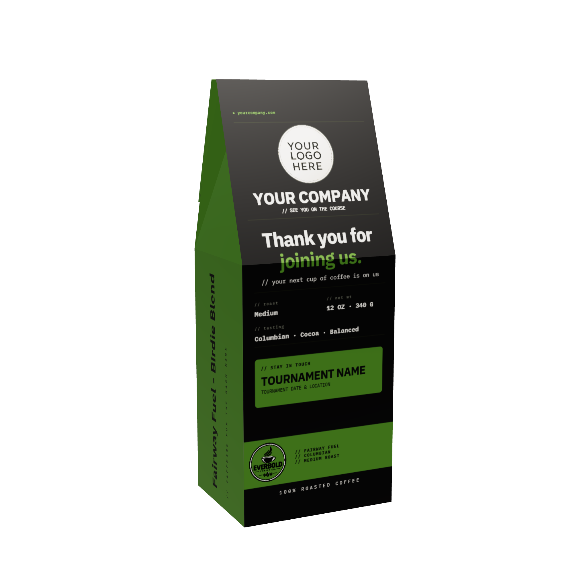 A custom-designed coffee bag mockup featuring a black and green color scheme with placeholder branding and text, shown on a plain white background.